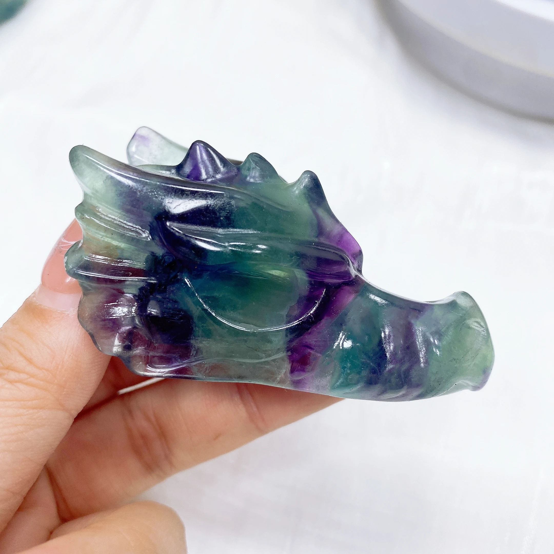 65mm Dragon Head Status Natural Flourite Crystal Reiki Healing Handcarved Stone Figurine Crafts Gemstone Gift Room Ornament