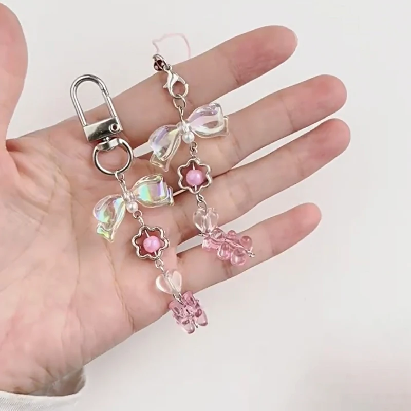 Pink Bear Bow Beaded Phone Chain Headphone Case Anti-lost Chain Fashion Keychain Pendant Rope Bag Decorations Lanyard Gifts
