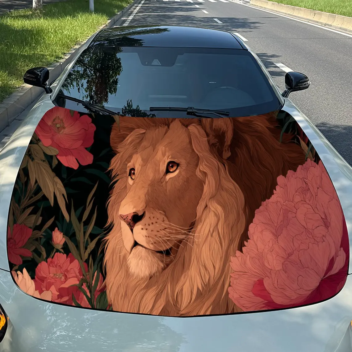 Majestic Floral Lion Car Hood Stickers - Self-Adhesive, Waterproof and Durable Vinyl Wrap, Decorate And Protect Your Car, Fit Fo