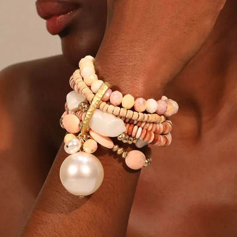 

Винтажный богемный многослойный браслет с преувеличенным жемчугом, модный браслет с белым жемчугом для вечеринки, штабелируемый браслет-звено, подарки