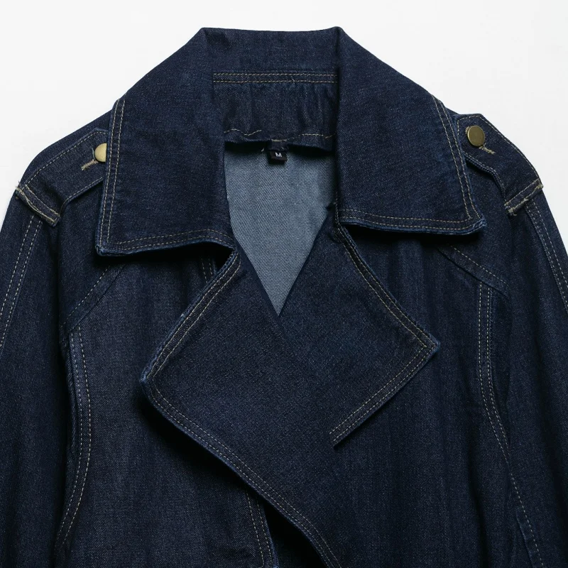 ผู้หญิงลําลอง DENIM Trench แจ็คเก็ตเข็มขัดแขนยาวฤดูร้อนฤดูใบไม้ร่วงหญิง Outerwear Chic Overcoat