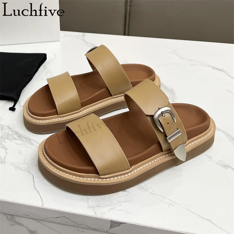 

Round Open Toe Casual Flat Slipper Women Buckle Design loafers Slippers Summer Luxury Brand Punk Style Mules Slippers feminine