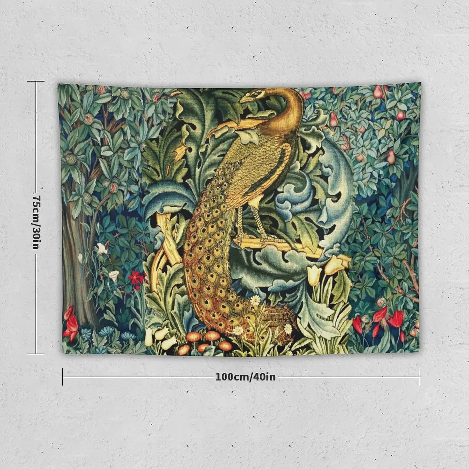 GREENERY, FOREST ANIMALS ,PEACOCK WITH ACANTHUS LEAVES Blue Green Floral Tapestry Cute Room Decor Tapestry