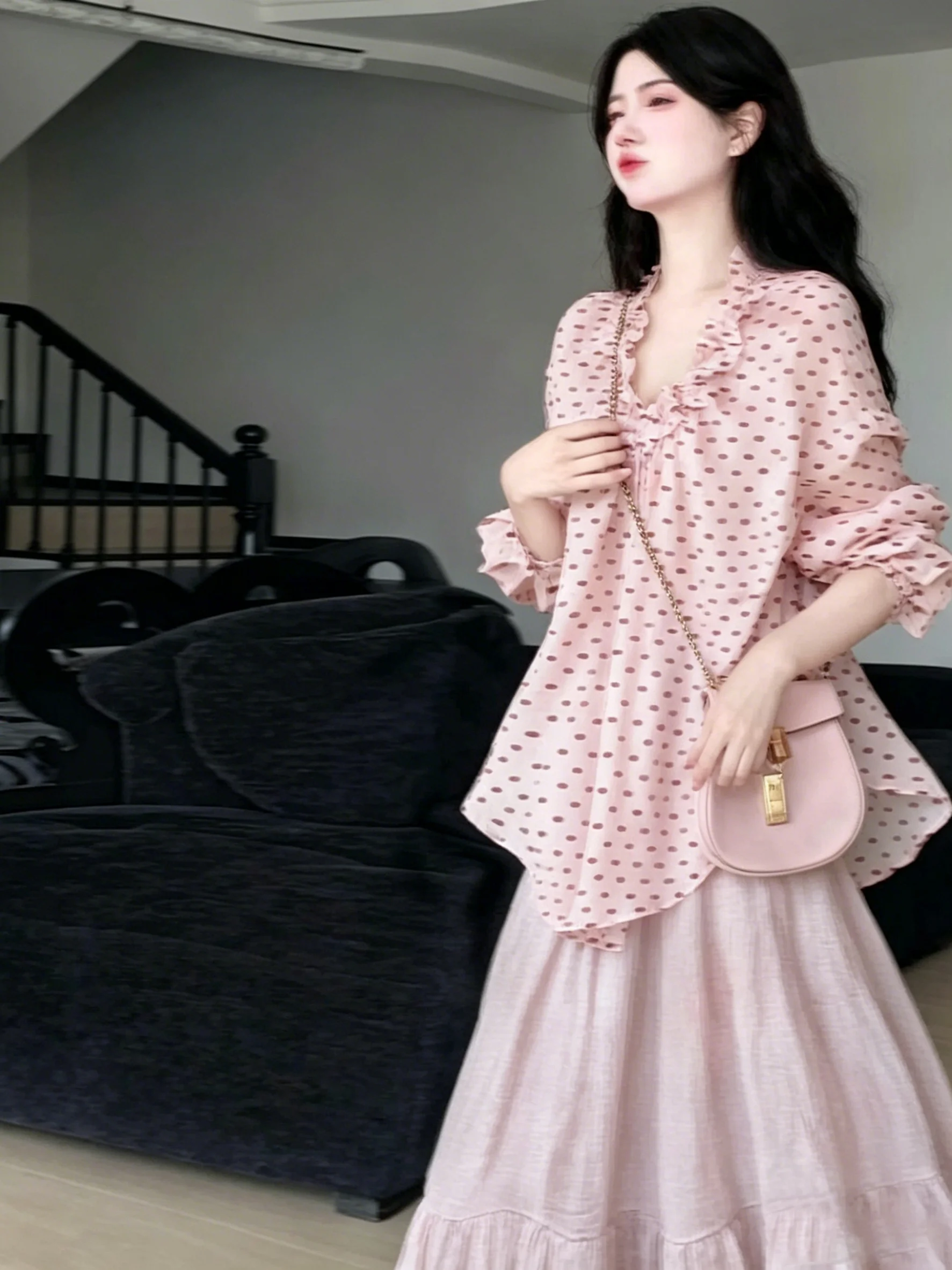 Summer New Pink Polka Dot Texture Sense Women's Shirt And Cake Skirt Two-Piece Set V-Neck Long Sleeve Loose Fit Casual Wear