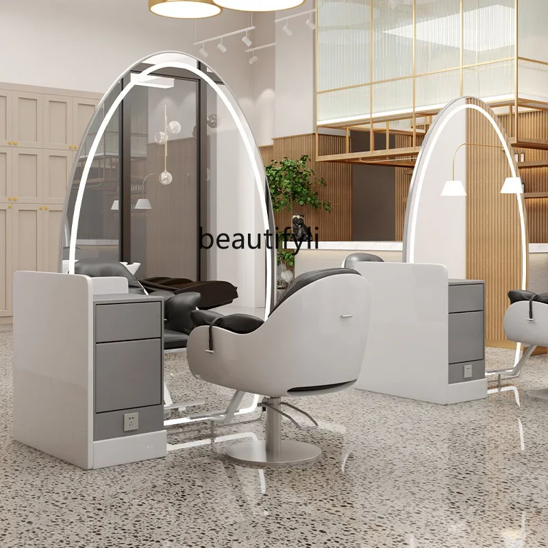 

Barber Shop Dressing Table Cabinet with Lights Floor Mirror for Hair Salon Hairdressing Single Side Double Mirror