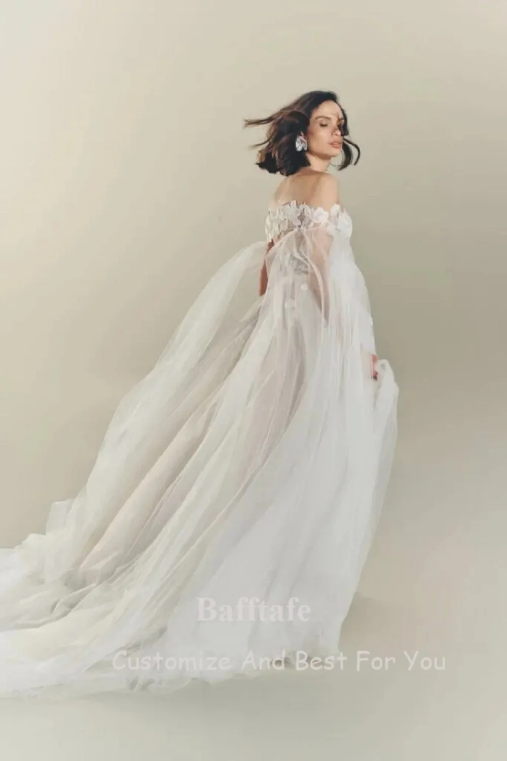 Bafftafe Customized Tulle Appliques Lace Wedding Bride Dresses Sweetheart Open Long Sleeves Boho Bridal Gowns Formal Party Dress