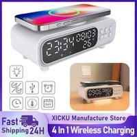 Time Alarm Clock Desk Bedroom LED Night Light Thermometer Earphone Phone Wireless Chargers Fast Charging Dock Station For iPhone