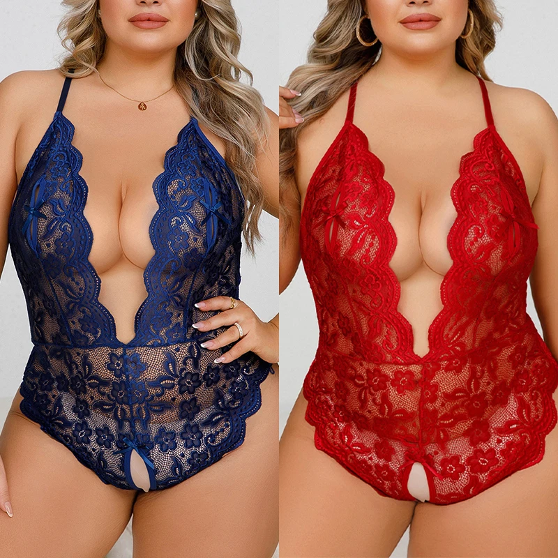 

2024 Plus Size Sexy Women Underwear Erotic Lace Lingerie Suspender One Piece Deep V Porn Crotchless Hot Woman Bodysuit Pajamas