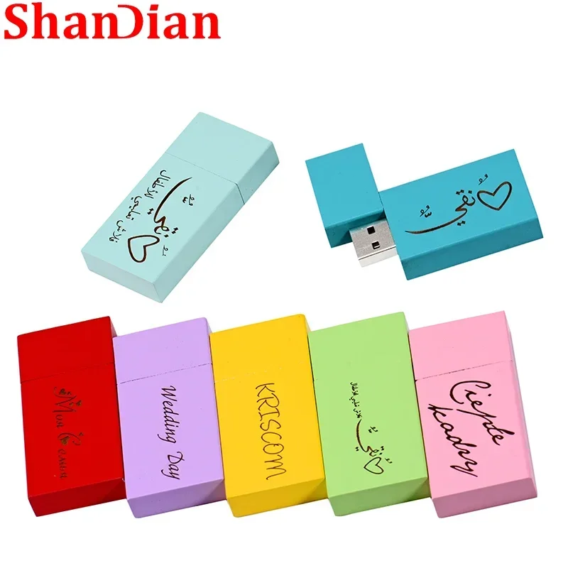Shandian ไดรฟ์ปากกาไม้สีเหลือง128GB USB แฟลชไดร์ฟ64GB โลโก้ที่กำหนดเองฟรี2.0 U Disk 32GB 16GB 8GB หน่วยความจำของขวัญแต่งงาน