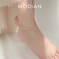 Modian Silver Simple Double Layer Anklets For Women Summer Trendy 925 Sterling Silver Foot Jewelry Fashion Style Leg Bracelet