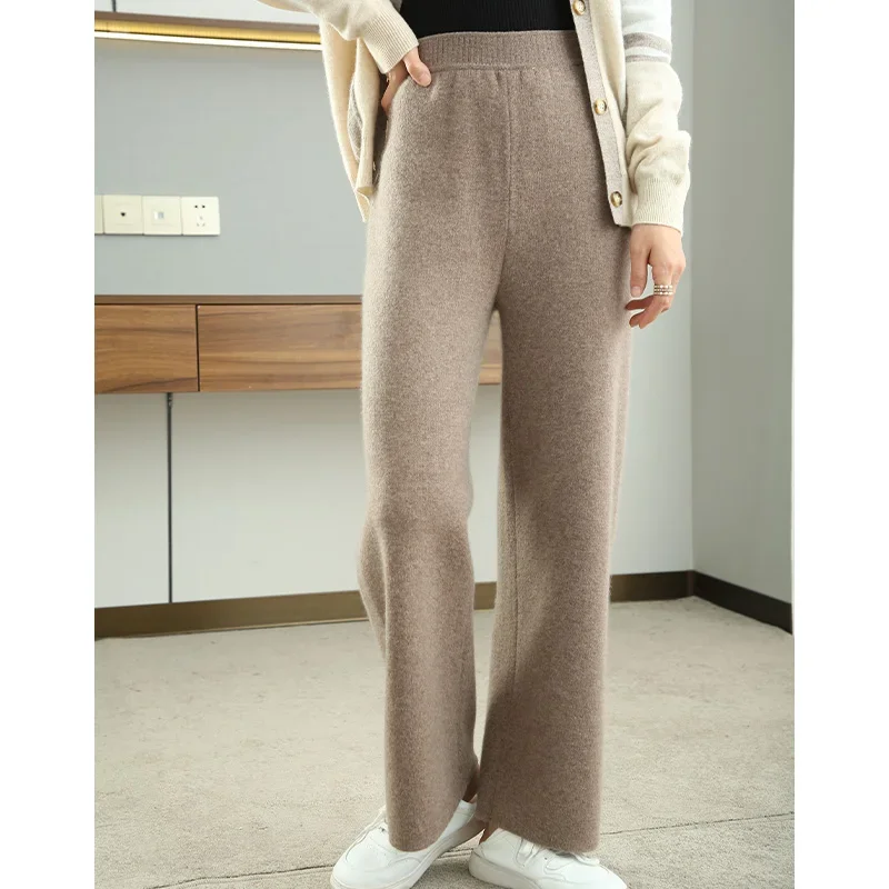 

Women Pants 2023 New Autumn and Winter Soft Comfortable High-Waist 100%Cashmere Knitted Double Thickening Female Wide Leg Casual