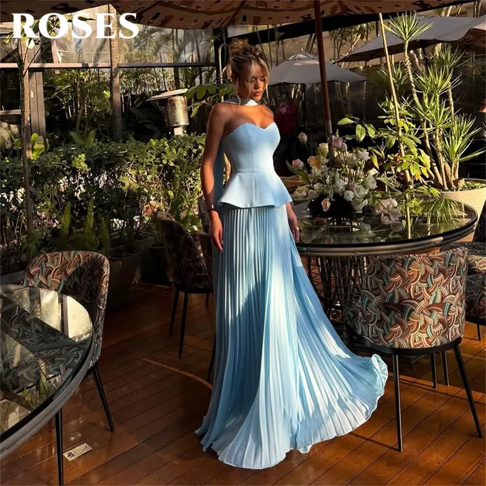 

ROSES Blue 프롬 드레 Strapless Draped Neck Scarf Prom Gown A Line Satin Party Dresses for Formal Event Modest Elegant Customized
