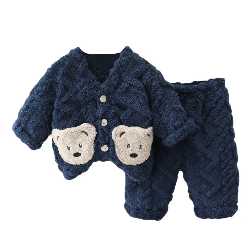 

Autumn Winter Children Clothing Sets Baby Boys Girls Plush Coats Pants Toddler Kids Tracksuit Cartoon Infant Clothes Outfits