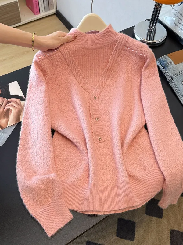 

Модный вязаный свитер с высоким воротником для женщин больших размеров, повседневный, имитация двухслойного, теплый зимний базовый слой