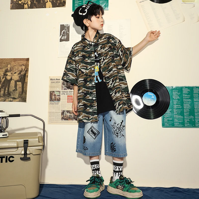 Kids Oversize Camo Shirt Street Wear Clothing Tops Baggy Denim Shorts For Girls Boys Jazz Dance Costume Teenage Hip Hop Clothes