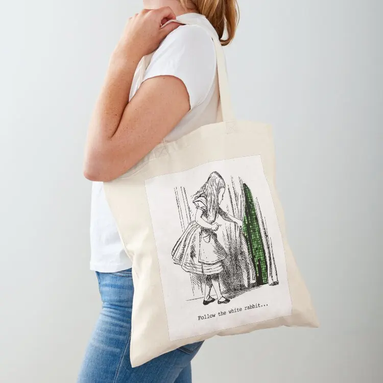 

Alice, follow the white rabbit to Matrix Tote Bag tote bag women custom tote bag shopping logo shopping bags foldable