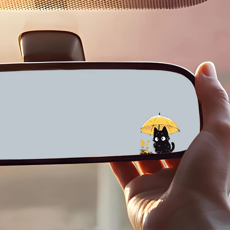 2D Flat Cute Black Cat Yellow Umbrella Vinyl Sticker, Waterproof Decal for Car Rearview Mirror Decor, Holiday Gift