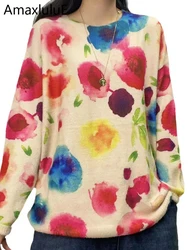 Amax luluE 2024 Winter Fashion Pullover Women Printed Loose Warm Sweaters Ladies Luxury Oversized O Neck Jumpers Casual Knitwear