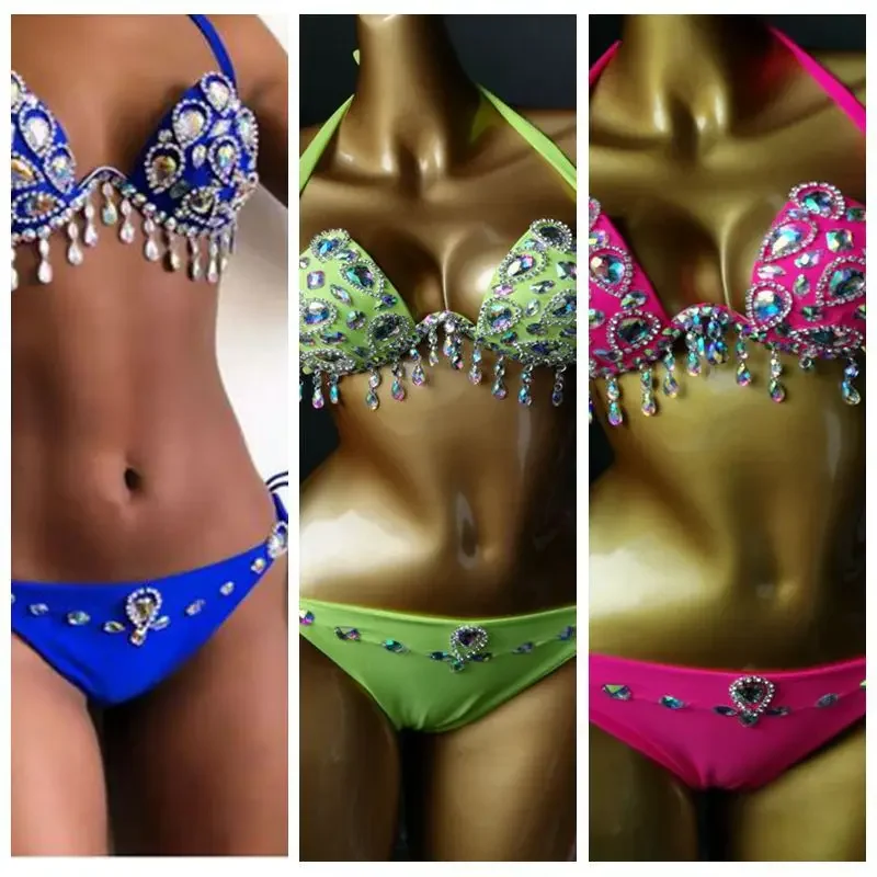 2022 New Bikini Diamond Tassel Swimsuit with Steel Bracket High Waist Sexy Nightclub Suit  Bikini Bandage  Push Up Bikini