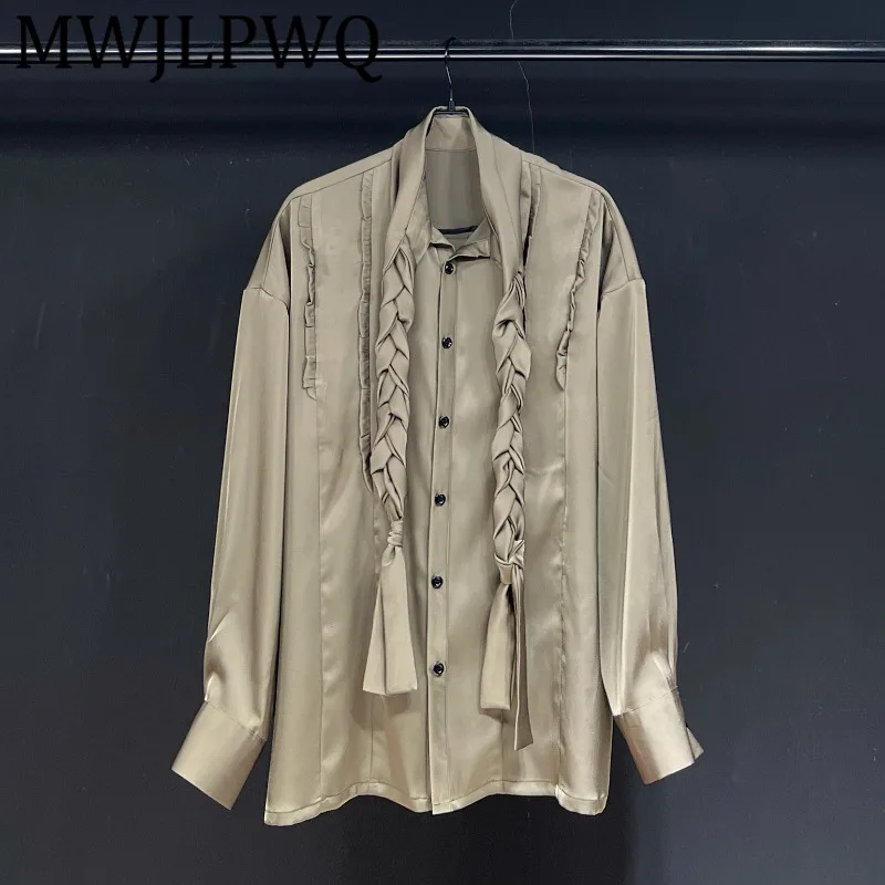 

MWJLPWQ High Street Spliced Design 2025 Dark Khaki Shirt Men's Long Sleeve Loose Casual Clothing For Women Trendy Tops 11800