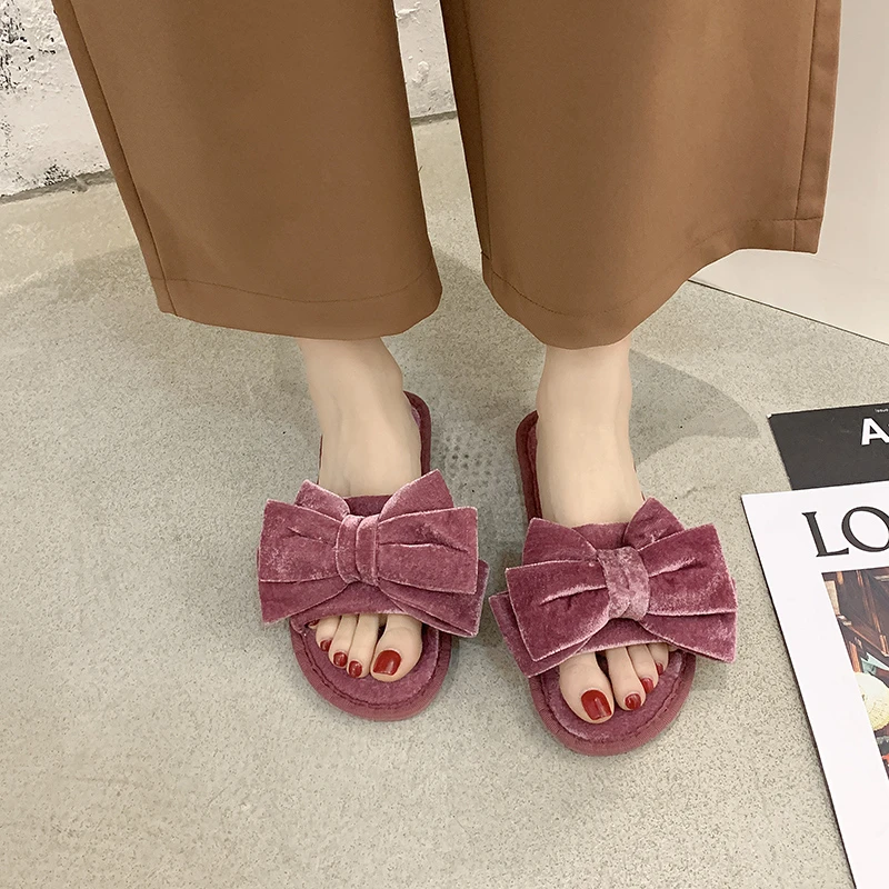 Luxury Velvet Slippers Woman Elegant Bowknot Velour Mule Slides Ladies Brand Design Autumn Fluffy Home Shoes with Various Colors