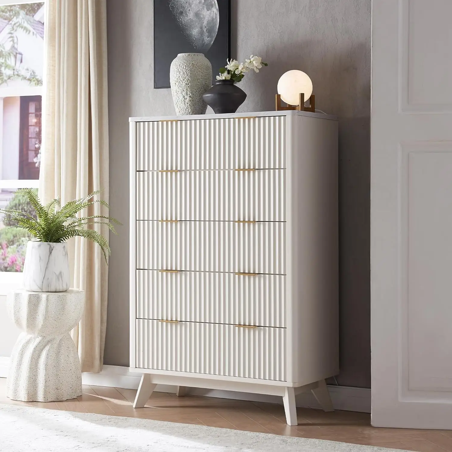 Fluted 5 Drawer Storage Dresser, Tall Modern Chest with Ample Deep Drawers and Wide Top, Wooden Organizer for Living Room image 2