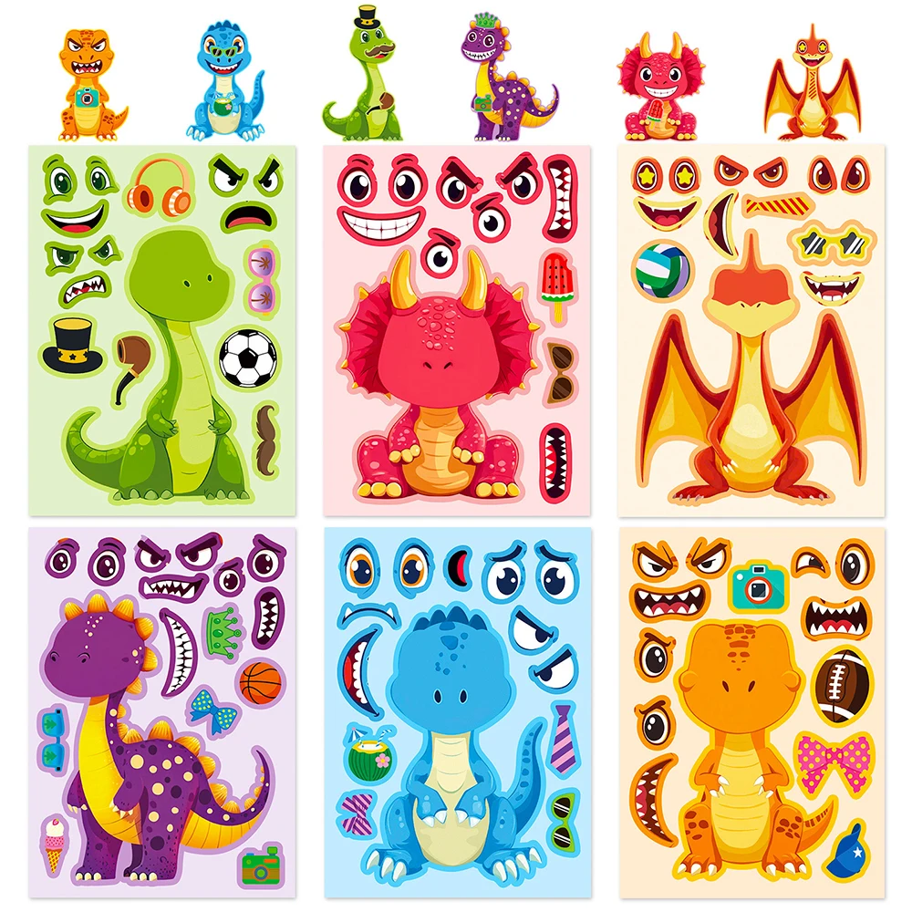 6/12sheets DIY Make a Face Dinosaur Puzzle Stickers Cute Children Assemble Jigsaw Cartoon Decals Kid Education Toy Party Gift