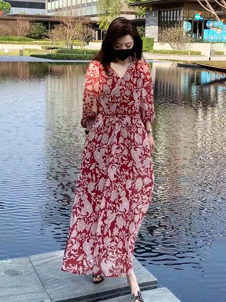 Ele Vintage Bloemen Zomer Dr Dames Losse Ademende Jurk Ele Casual Hoge Taille A-lijn Rok voor Vakantie