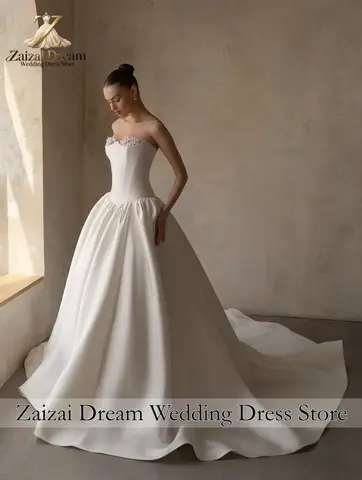 Customized Elegant Strapless Satin Wedding Dress 3D Floral  Princess Bridal Gown Chapel Train Vestidos De Novia