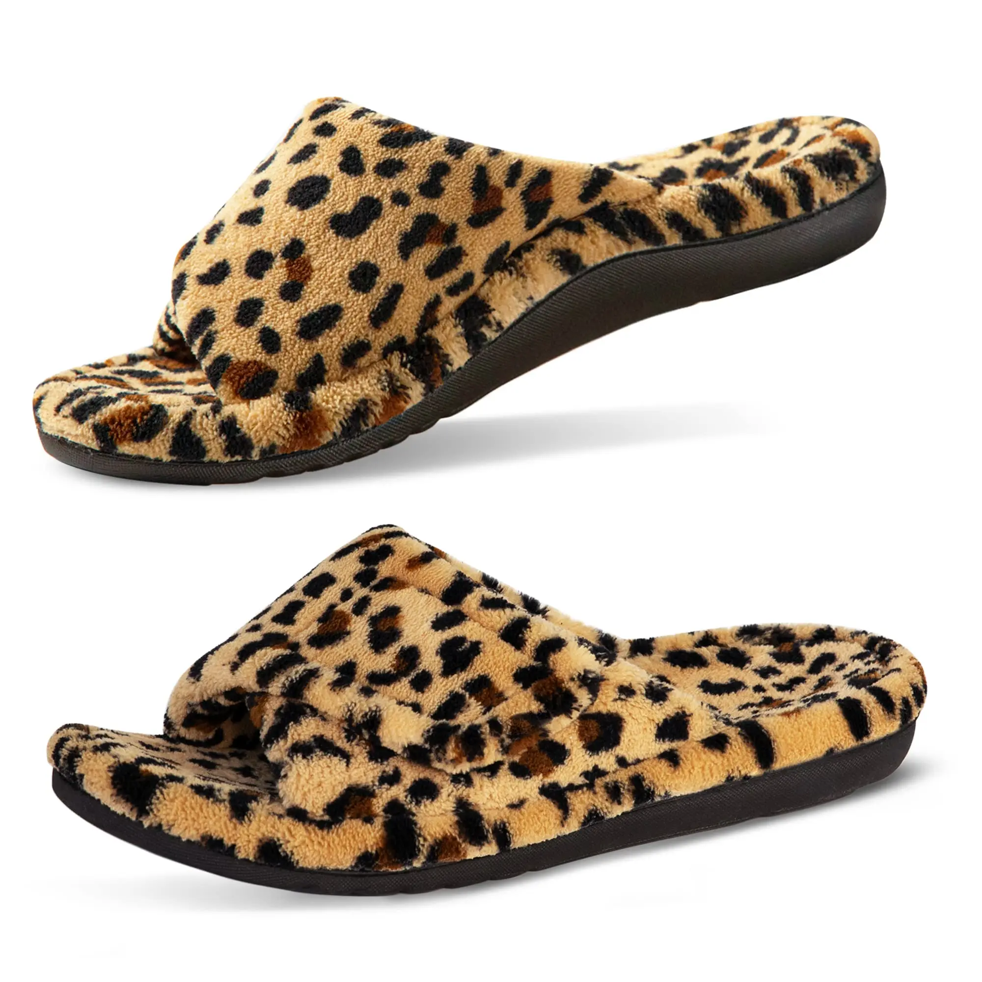 Asgard Women Fuzzy Slippers Fashion Leopard Print Open Toe Fluffy Indoor Flat Slides Memory Foam Slippers Fur Women House Shoes