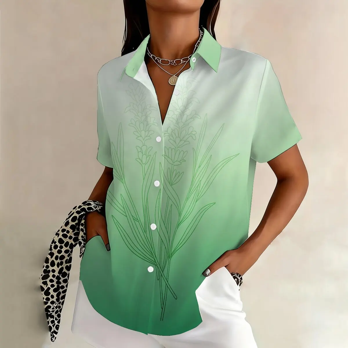 

Women's plus-size short-sleeve shirt,gradient floral, retro and artistic,elegant and fresh,suitable for business and casual wear