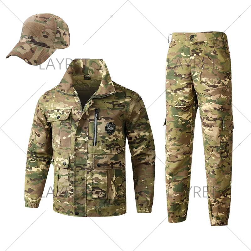 Mens Suit Outoor Sport Spring Autumn Workwear Top Pants Set Durable Stain Resistant Leisure Camouflage Outfit