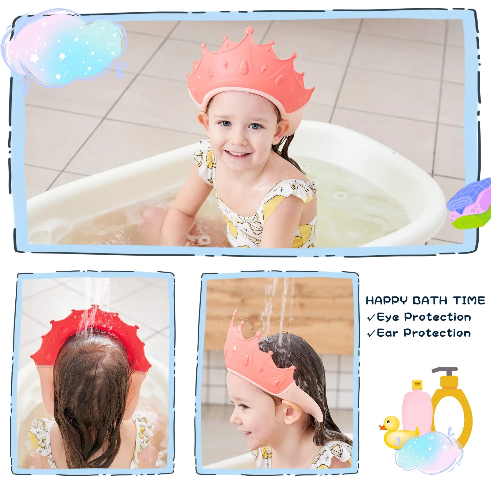 Coroa touca de banho do bebê crianças dos desenhos animados viseira de banho infantil protetor de cabelo proteção de ouvido à prova dwaterproof água do bebê tamanho ajustável shampoo boné