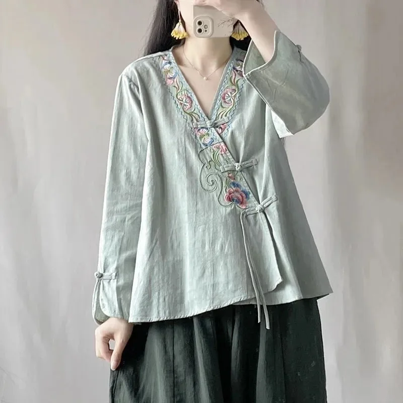 Literary Retro Embroidered Button-down Shirt Women with Oblique Placket Loose Long-sleeved Top Ethnic Style Chinese Style Top