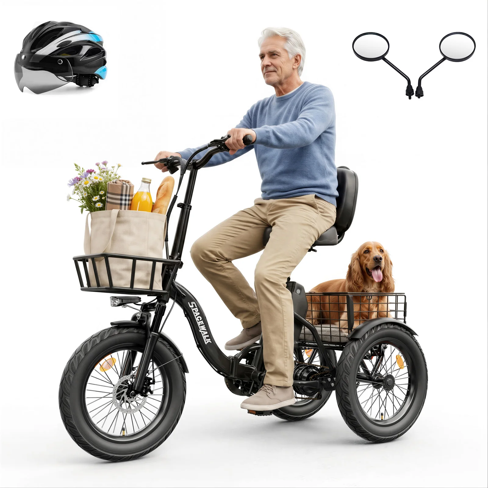 Spacewalk 1200W Peak Electric Trike for Adults, 48V 15Ah Battery 3 Wheel Electric Bike with 60 Miles Range, 18×3.0 Fat Tires, Dual Disc Brakes, Rear Cargo Basket, Adjustable Comfort Seat, Folding E Tricycle for Seniors-Black image 3