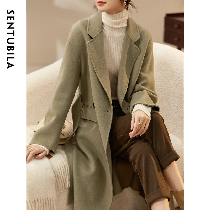 

SENTUBILA 100% Woolen Coat for Women 2024 Winter Thick Straight Solid Sashes Mid-length Warm High Quality Outcoat W44O56770X