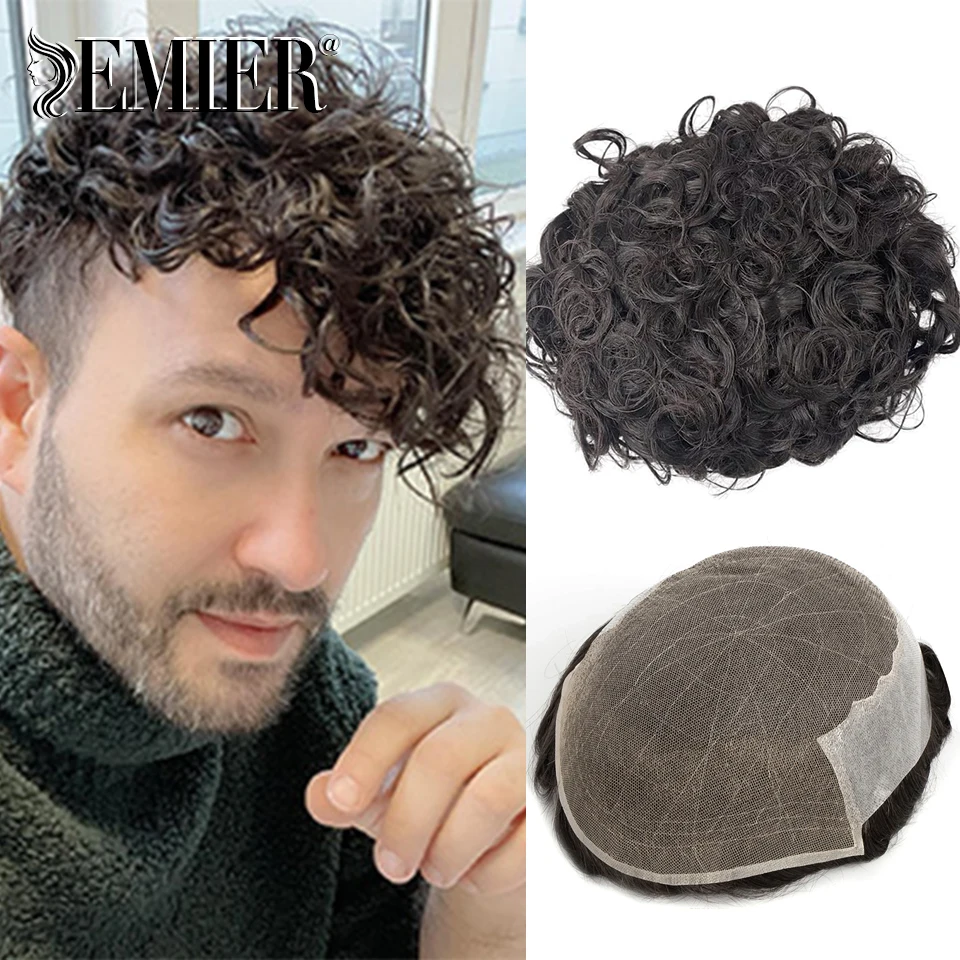 Reemplazo de cabello humano para hombres, prótesis de cabello masculino cómodo con encaje suizo superior y Pu, rizo frontal de encaje de 25mm, personalizado