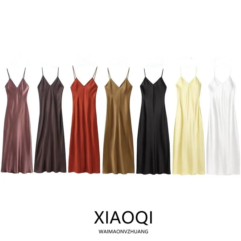 Vestido Midi de Seda Satin para Mulheres, Novo Estilo de Verão e Outono, Vestido Sem Alças, gável para o Trabalho, Sem Man...