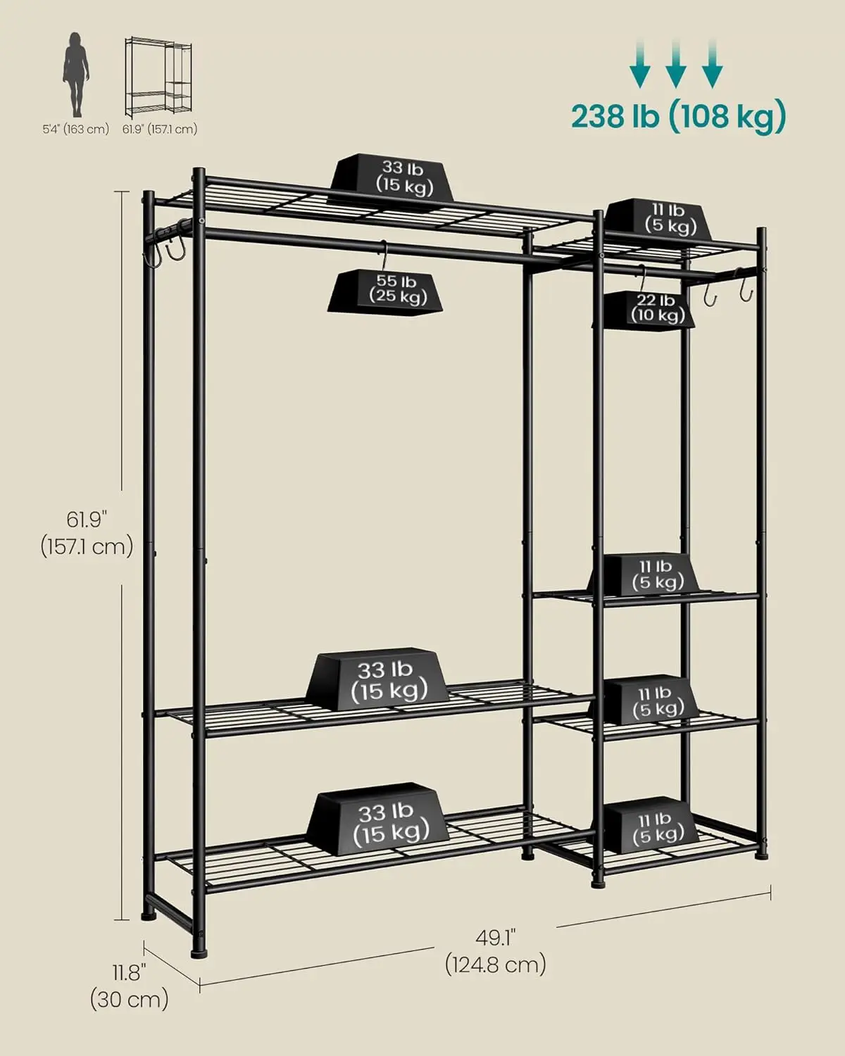 Portable Closet Wardrobe, Clothes Rack, Closet Organizers and Storage, Freestanding Clothing Rack with 7 Shelves, 2 Hanging R