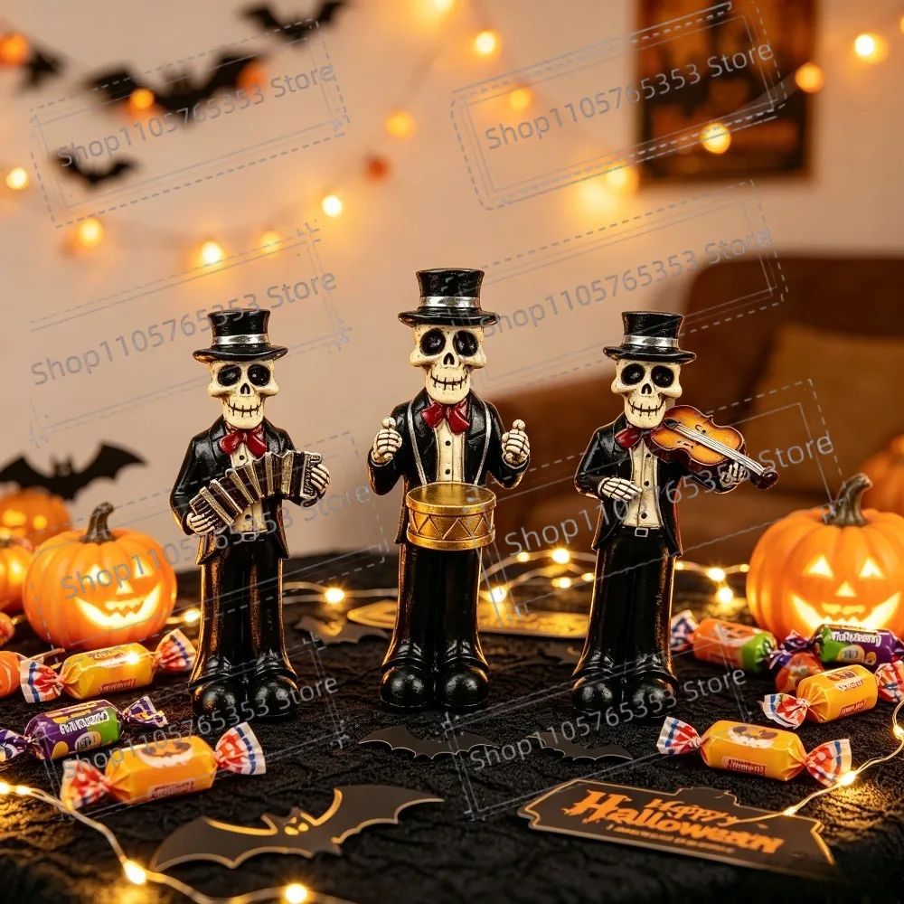 2026 Halloween Skeleton Band Statue Musician Resin Creative Resin Holiday Sculpture for Festive Decoration Ornament Props Gift