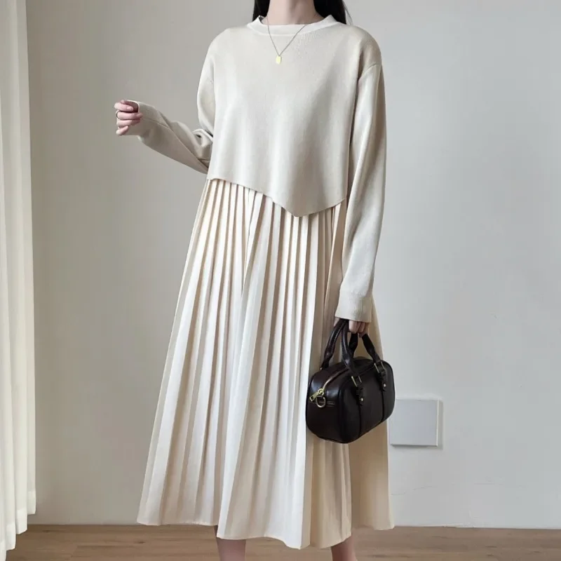 O Neck Long Sleeve Irregular Sweater + Pleated Dress Sets Women Autumn Winter Korean Chic Beautiful 2 Piece Suits Vestidos Mujer