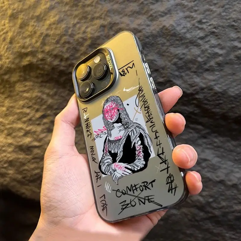 Graffiti Great Art Aesthetic David Mona Lisa Electroplate Silver IMD Case For iPhone 15 14 13 12 11 Pro Max XR XS 7 8 Plus Cover