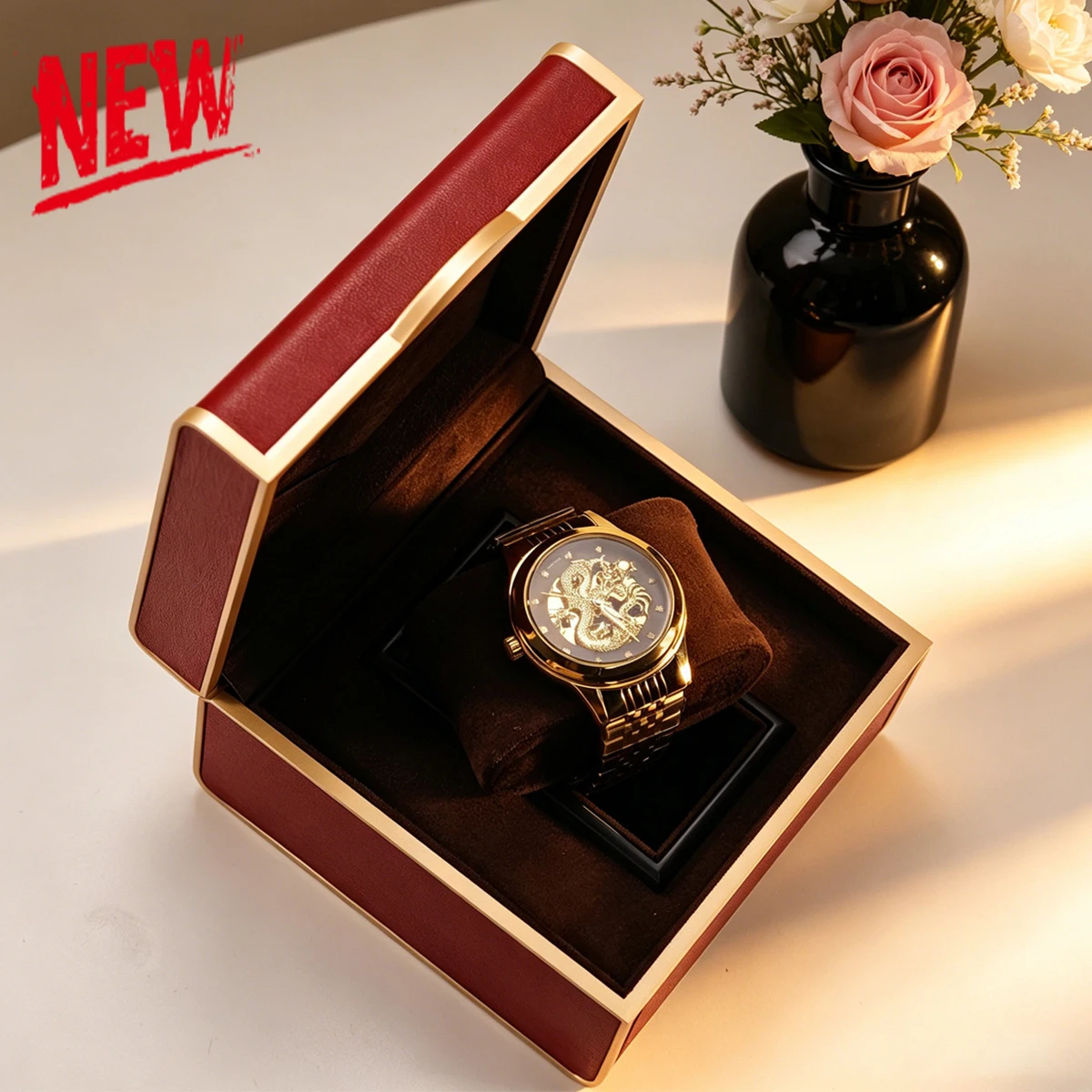 

Gold Trim Jewelry Box Sturdy Flip Top Watch Case Pu Leather Watch Box Elegant Single Slot Storage Box For Desktop Display
