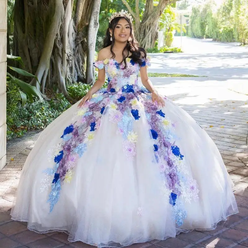 

Customized White Quinceanera Dresses Appliques Diamond Pleat Lace up Off the Shoulder Formal Robe Princesse Bleu Femme