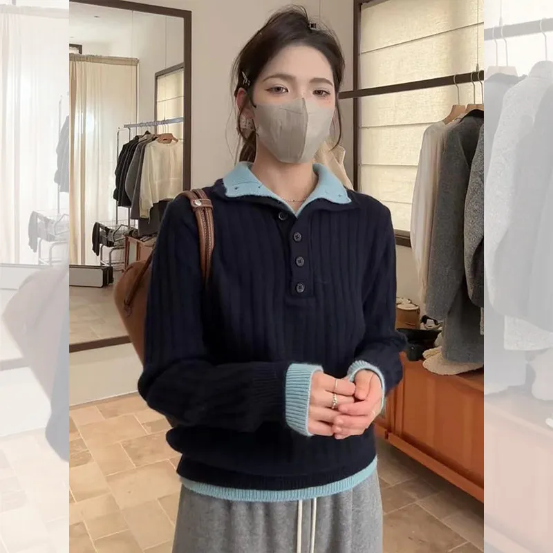 Women's Long Sleeve Crew Neck Knitwear Color Block High Collar Fake Two-Piece Inner Wear Outer Wear Autumn Winter Soft Cotton