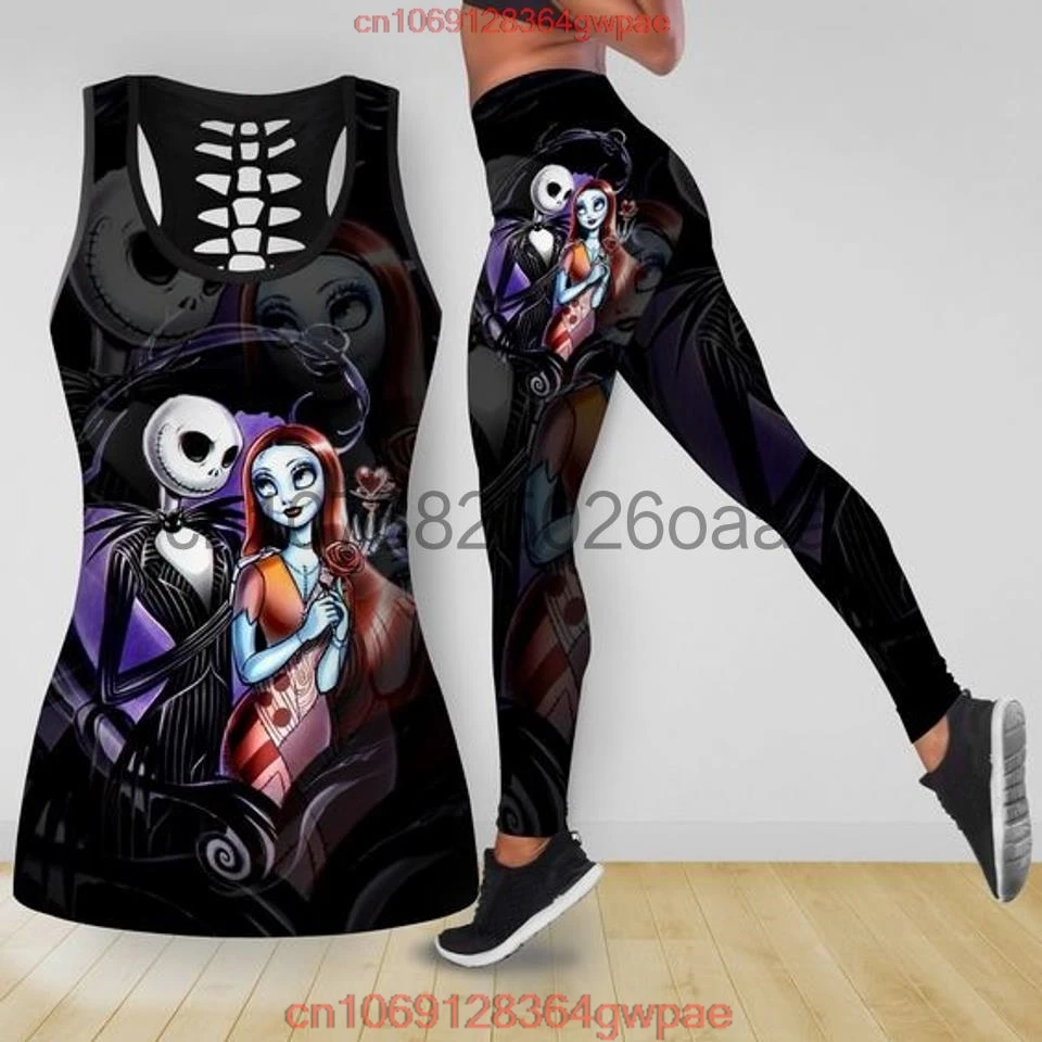 Disney The Nightmare Before Christmas Jack Skellington Sally Womens Hollow Tank Top Leggings Yoga Set Fitness Leggings Tracksuit