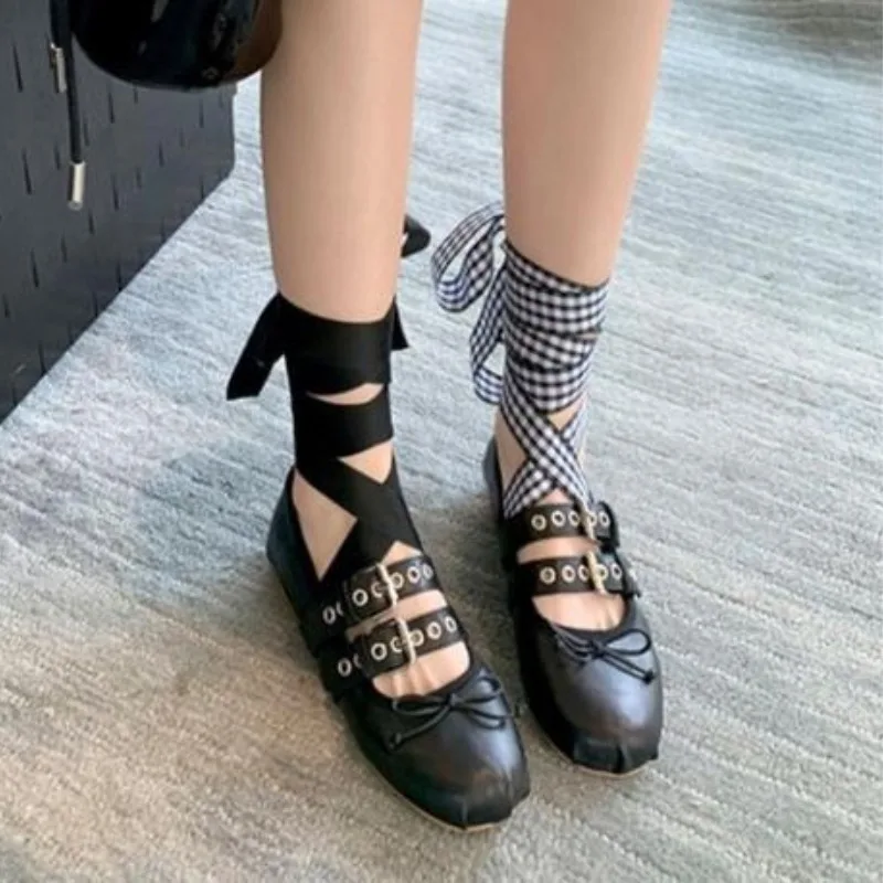 Zapatos de Ballet con lazo Retro francés para mujer, zapatos Mary Jane a la moda, planos con cordones de cabeza redonda, novedad de verano y otoño,