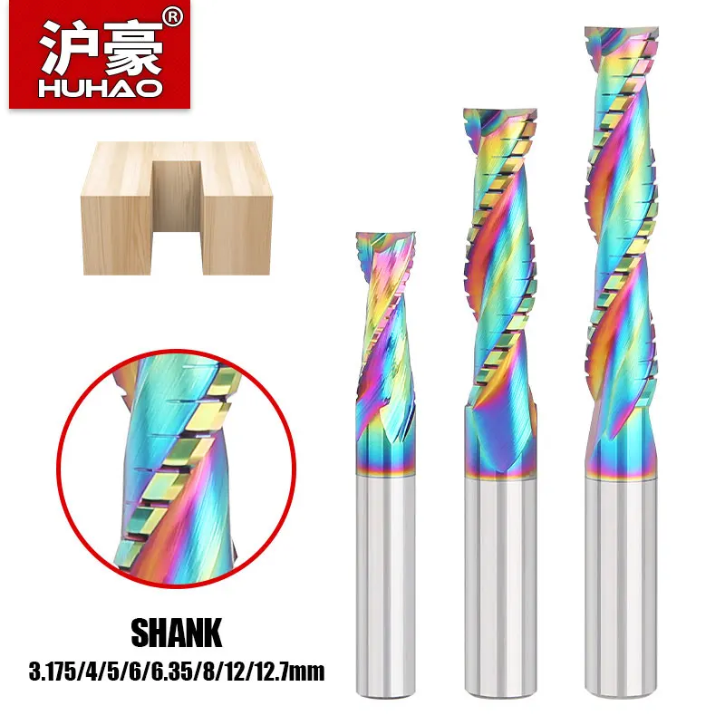 HUHAO Composite Milling Cutter for Wood 2 Flute Spiral Carbide Chip End Mill DLC Coating CNC Router Bit Cutter Chipboard Acrylic