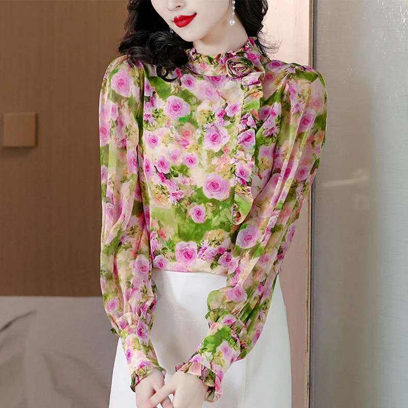 #2543 Floral Printed Blouse Women Ruffles Collar Vintage Blouse Femme Lantern Long Sleeve Retro Ladies Tops And Blouses Spring