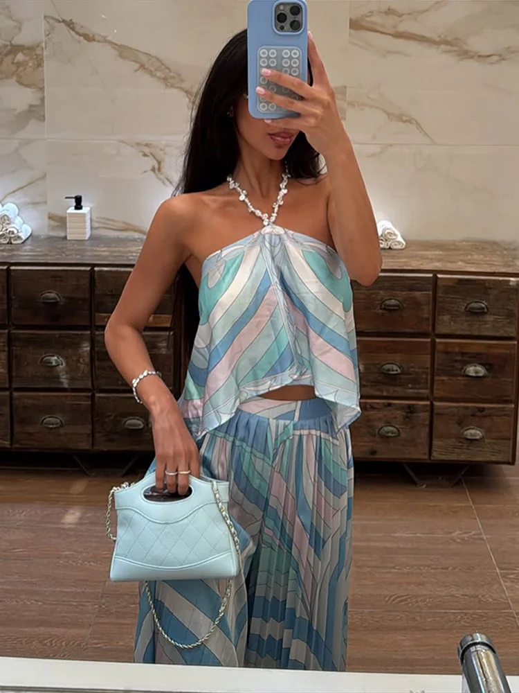 Bedruckte Neckholder-Crop-Tops und Weite Hosen Sets für Damen, Sexy Ärmellose Rückenfreie Oberteile, Plissierte Hosen, Schicke Strandmode, Neu – Detail 18